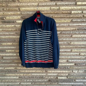 Tommy Hilfiger Navy Blue Striped 1/4 Zip 100% Cotton Sweater